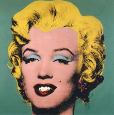 an image of marilyn monroe with yellow hair and blue eyeshadow on orange background