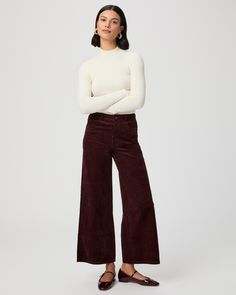 This extra wide leg is designed with a high-rise and a cropped ankle length silhouette. This on-trend style is cut from our ultra-soft velvet corduroy in dark oxblood red with just the right amount of stretch for a perfect fit. | Harper Ankle Wide Leg Pant - Dark Oxblood Corduroy | Size 33 Wide Leg Corduroy Pants Outfit, Velvet Pants Outfit, Wide Leg Corduroy Pants, Oxblood Red, Men Store, Velvet Pants, Wide Leg Pant, Bottom Clothes, New Wardrobe