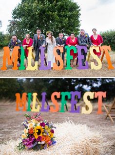 the bride and grooms pose with their colorful letters