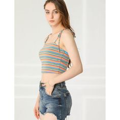 This feminine beach cropped top is styled with charming multicolor stripes and tie shoulder straps. A stretchy slim top that also makes a cute underlayer for streetwear boasts a riveting rainbow of stripes. A chic fashion and now an essential for today, this cami top is made from a soft, stretchy knit jersey with spaghetti straps for a comfortable fit. Beach Crop Tops, Crop Cami Top, Women's Tie, Summer Crop Tops, Cropped Cami, Cami Crop Top, Womens Tie, Tank Top Cami, Cami Tanks