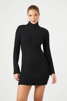 Mini sweater dress featuring turtleneck, allover ribbed construction, dropped long sleeves, and bodycon silhouette. (This item runs large, please size down) | 51% rayon, 29% polyester, 20% nylon | Hand wash cold | Model is 5'11" and wearing Small | Turtleneck Mini Sweater Dress Chic High Neck Bodycon Dress For Winter, High Neck Bodycon Dress For Fall, Stretch High Neck Sweater Dress For Fall, Casual High Neck Sweater Dress For Night Out, Casual High Neck Bodycon Dress For Fall, Fitted Knit Turtleneck For Spring, Fitted High Neck Bodycon Dress For Fall, Chic Stretch Sweater Dress With Turtleneck, Ribbed Long Sleeve Turtleneck For Spring