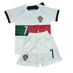 a white and red soccer uniform with the number seven on it's chest is shown