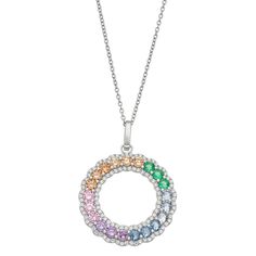 "This gorgeous sterling silver pastel cubic zirconia accent circle pendant necklace is a must-add to your fine jewelry collection. This gorgeous sterling silver pastel cubic zirconia accent circle pendant necklace is a must-add to your fine jewelry collection. Pendant size: 35 mm x 26 mm Chain length: 18 in. Chain type: cable Clasp: spring-ring Metal: sterling silver Plating: rhodium Finish: polished Additional details: cubic zirconia accents Packaging: boxed Gemstones may have been treated to e Multicolor Jewelry As A Gift, Fine Jewelry Circular Cubic Zirconia, Multicolor Round Jewelry With Halo Setting, Multicolor Jewelry With Halo Setting, Multicolor Cubic Zirconia Round Necklaces, Fine Jewelry With Multicolor Halo, White Gold Jewelry With Multi-stone In Round Shape, White Gold Multi-stone Round Jewelry, White Gold Multi-stone Jewelry