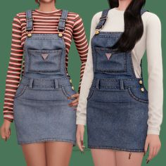 two women in overalls are standing next to each other, one is wearing a striped shirt