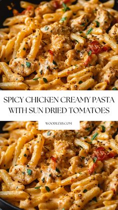 chicken cream pasta with sundried tomatoes in a skillet