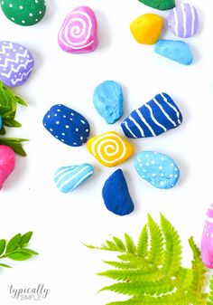 painted rocks and plants on a white surface