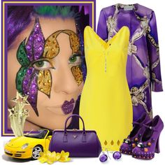 a woman in purple and yellow is dressed up as a mardi gras costume