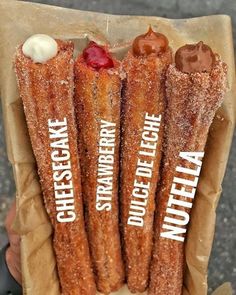 there are four churros with different toppings on them