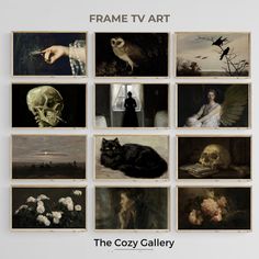 the cozy gallery is filled with paintings and pictures, including an image of a cat