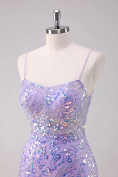 Amzcw Sparkly Purple Bodycon Spaghetti Straps Short Homecoming Dress with Sequins Purple Dress With Adjustable Spaghetti Straps, Purple Sequined Spaghetti Strap Dress, Purple Party Dresses With Straps, Purple Fitted Dresses With Adjustable Straps, Fitted Purple Dress With Adjustable Straps, Fitted Cami Wedding Dress, Lavender Spaghetti Strap Dress, Sleeveless Purple Dress With Adjustable Straps, Purple Bodycon