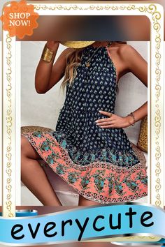 Navy Blue Bohemian Tropical Print Halter Floral Dress Bohemian Mini Dress With Paisley Print For Beach, Blue Printed Boho Dress For The Beach, Blue Bohemian Boho Dress For Spring, Summer Blue Printed Boho Dress, Printed Blue Boho Dress For Vacation, Blue Printed Boho Dress For Vacation, Bohemian Paisley Print Mini Dress For Vacation, Blue Bohemian Boho Dress For Vacation, Blue Bohemian Vacation Dress