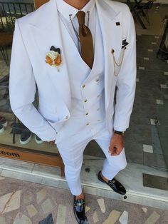 Boston White Slim Fit Peak Lapel Wool Suit – brabion Mens Wedding Suits, Pants Gift, White Suit, Peak Lapel, Three Piece Suit