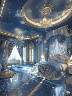 a bedroom with blue and gold decor, chandelier, bed, curtains, and drapes