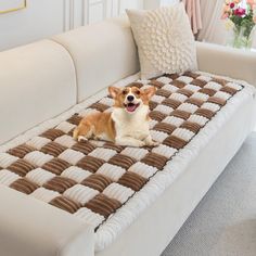 a small dog laying on top of a brown and white checkered blanket in front of a couch