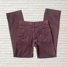 "Vintage 70's Wrangler Purple Corduroy Pants  dark plum / mauve purple mid rise straight leg pant  flaw: discoloration across front leg as pictured  approx size xs, pls check measurements carefully!! small hips Flat Lay Measurements: Waist: 13\" Rise: 9.5\" in front, 10.5\" in back  hips: 16.5\" Top of thigh: 9.5\" Inseam: 29\"" Vintage Purple Cotton Bottoms, Purple Vintage Cotton Bottoms, Vintage 70s Clothes, Mauve Pants, Purple Corduroy Pants, Cord Hose, Small Hips, Smaller Hips, Plum Purple