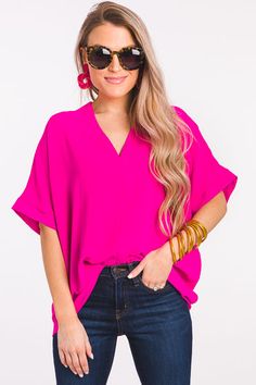 Be Mine Boxy Blouse, Hot Pink - New Arrivals - The Blue Door Boutique Trendy Oversized V-neck Blouse, Chic Flowy Blouse With Split Neck, Chic Flowy Split Neck Blouse, Versatile Pink V-neck Top, Oversized V-neck Versatile Blouse, Boxy Blouse, Blue Door, Be Mine, Simple Dresses