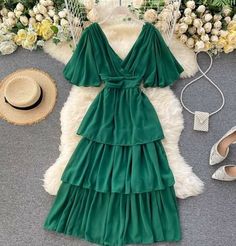 Chiffon Summer Dress, Ruffle Cake, Office Dresses For Women, Long Beach Dress, Dress Cake, Ruffles Fashion, Layer Dress, Stunning Dresses, V Neck Dress