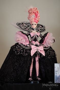 the doll is dressed in black and pink