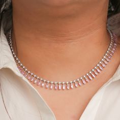 Pink Sapphire dot and dash choker necklace gold | Natural 4x2MM 18CTW pink sapphire diamond necklace choker | Pink baguette necklace gold GEMSTONE DETAILS : ✦ Gemstone : Pink Sapphire ✦ Gemstone Type : Natural ✦ Gemstone Size : 4x2 MM ✦ Gemstone Shape : Baguette Cut ✦ Number of Gemstones : 80 ✦ Gemstone Weight : 10 Carats ✦ Gemstone Grade : AAA DIAMOND DETAILS : ✦ Diamond Type : Natural ✦ Diamond Size : 2.00 MM ✦ Diamond Color : F-G ✦ Diamond Clarity : Slightly included ✦ Diamond Cut : Excellent - Very Good ✦ Diamond Weight : 2.50 Carats METAL DETAILS : ✦ Metal : 14K/18K Gold ✦ Metal Color : Yellow / White / Rose Gold ✦ Setting : Bar Setting / Bezel Setting ✦ Necklace Box : Yes SHIPPING DETAILS : ✦ Shipped via : UPS ✦ Production time : 10-12 days ✦ Delivery time : 7-8 days ✦ Expedited ship Luxury Pink Bezel Set Necklace, Luxury Pink Gold Pink Sapphire Necklaces, Fine Jewelry Pink Baguette Cut, Fine Jewelry Pink Baguette Diamonds, Pink Baguette Diamond Fine Jewelry, Elegant Pink Jewelry With Baguette Diamonds, Elegant Pink Baguette Diamond Jewelry, Diamond Necklace Choker, Dot And Dash