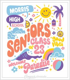 the words seniors and welcome to paradise are shown in this colorful poster with palm trees, clouds