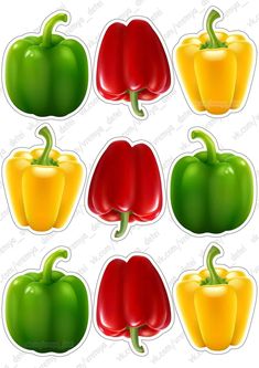 six red, yellow and green bell peppers stickers on a white background with clippings