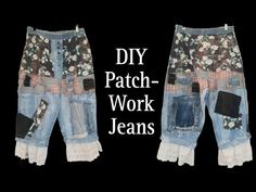 two pairs of jean shorts with patches and flowers on them