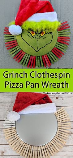 Grinch Clothespin Pizza Pan Wreath - The Keeper of the Cheerios Grinch Pizza, Pizza Pan Wreath, Clothespin Diy Crafts, Christmas Clothespins