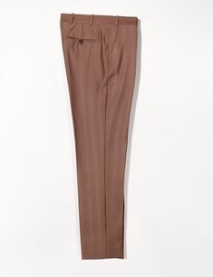 Brooklyn Tailors BKT50 Tailored Trousers in Wool Herringbone - Sepia full length flat shot Classic Brown Dress Pants For Office, Formal Wool Pants With Herringbone Pattern, Classic Bottoms With Herringbone Pattern, Formal Wool Bottoms With Herringbone Pattern, Classic Pants With Herringbone Pattern For Tailoring, Brown Tailored Formal Pants, Tailored Brown Pants For Business, Brown Business Dress Pants With Welt Pockets, Classic Brown Dress Pants With Pressed Crease