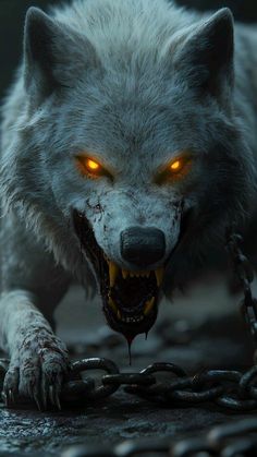 an evil wolf with glowing eyes and chains