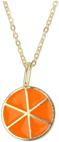 Handmade Yellow Gold Enamel Necklaces, Handmade Yellow Gold Enamel Necklace, Gold Enamel Round Pendant Necklace, Round Enamel Necklace With Adjustable Chain, Yellow Gold Necklaces With Polished Enamel Finish, Enamel Round Pendant Necklace With Polished Finish, Fruit Necklace, Orange Necklace, Enamel Necklaces