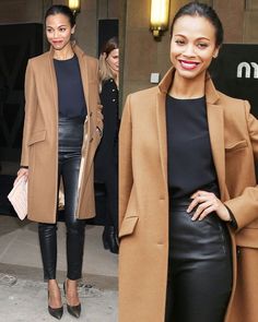 Chic and sleek! This neutral color palette is modern, while the structured jacket adds a classic feel. (Zoe Saldana) Camel Trench Coat, Parisian Chic Style, Black Leather Pants, Closet Inspiration, Work Style, Workwear Fashion, To Be