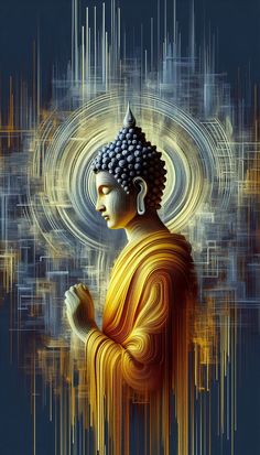 an artistic painting of buddha in yellow and blue colors with lines coming out of it