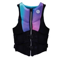 a life jacket that is black and purple with blue, pink, and green stripes