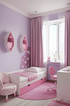 a pink and white bedroom with hearts on the wall