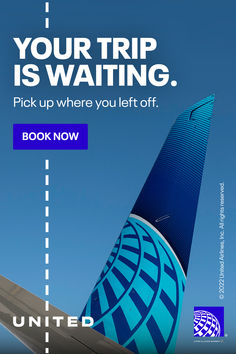 an advertisement for the united airlines is shown in front of a blue and white airplane