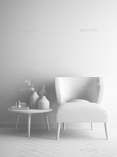 an empty room with white furniture and vases on the table - stock photo - images