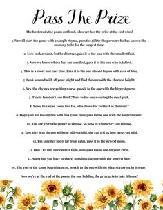 a poem with sunflowers on it and the words pass the prize written below