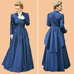 1860s London Fashion, Blue Regency Style Victorian Dress, Historical Victorian Dress With Buttons, Formal Blue Victorian Dress, Blue Long Sleeve Victorian Wedding Dress, Blue Long Sleeve Victorian Dress For Wedding, Blue Victorian Dress With Historical Design, Fitted Blue Victorian Vintage Dress, Elegant Fitted Prairie Dress With Buttons