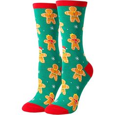 a pair of green socks with ginger bears on them and red bottom, one has an orange toe