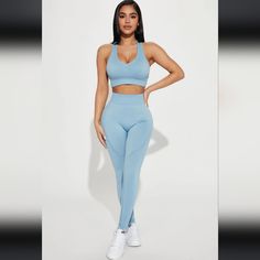 Fashion Nova Seamless Sports Bra And Leggings Set New With Tags Size L/Xl Blue Activewear For Workout With Seamless Construction, Light Blue Fitted Activewear For Loungewear, Fitted Light Blue Activewear For Loungewear, Blue Seamless Activewear For Workout, Blue Seamless Workout Activewear, Fitted Blue Sports Bra In Seamless Fabric, Fitted Blue Seamless Sports Bra, Fitted Blue Seamless Fabric Sports Bra, Blue Seamless Construction Activewear