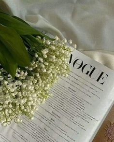 a bouquet of white flowers sitting on top of an open book next to a flower