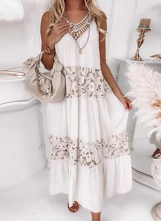 Details Product Code:DR2000A3795 Pattern Type:Solid Season:Summer. Spring Silhouette:Shift Length:Maxi Neckline:Round Neck Fabric:Cotton Blends. Lace Belt:No Sleeve:Sleeveless Sleeve Type:Regular Sleeve Process:Hollow Out Occasion:Vacation. Party Size Chart Size S M L XL XXL 3XL Bust 90 94 98 102 106 110 Dress Length 140 141 142 143 144 145 All dimensions are measured manually with a deviation of 1 to 3cm. White Bohemian Sleeveless Beach Dress, White Bohemian Sleeveless Sundress, White Bohemian Sleeveless Dress, White Bohemian Sleeveless Dress For Beach Season, White Bohemian Sleeveless Dress For Summer, White Bohemian Midi Sleeveless Dress, White Bohemian Sleeveless Dress For Day Out, White Bohemian Sleeveless Dress For Spring, Boho Maxi Dresses