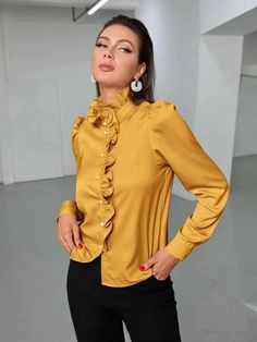 F00151356-513 Satin Pattern, Shirts Style, Knit Shirt Dress, Elegant Office, Casual Outerwear, Ruffle Long Sleeve, Casual Tops For Women, Women Shirt, Women Shirts Blouse