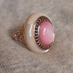 Like New, Gorgeous Barbie Pink And Pristine White Mother Of Pearl Set In A Delicate And Feminine Rose Gold Over Sterling Silver. Invest In Quality,Heirloom Jewelry That You Will Love To Give As A Gift Or Own Yourself . Firm. Elegant Pink Cabochon Rings, Fine Jewelry Pink Cabochon Ring, White Luxury Sterling Silver Ring, Luxury White Rings Stamped 925, Elegant Handmade Pink Ring, Elegant Handmade Pink Rings, White Rings With Gemstone Accents For Gift, White Rings With Gemstone Accents, Heirloom Jewelry