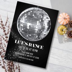 a black and white party flyer with a disco ball on it, surrounded by donuts