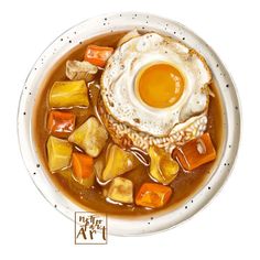 a bowl filled with soup and an egg on top