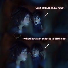 an animated scene with two people talking to each other and the caption says, can't you see i like you?