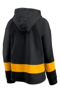 This Fanatics Branded Pittsburgh Steelers Colors of Pride Colorblock hoodie is sure to make a statement on game day. The vibrant design and bold Pittsburgh Steelers graphics are the perfect representation of your enthusiasm ahead of every kickoff. It has a cozy construction that includes a hood with an adjustable drawstring for the ultimate extra layer this season. Material: 60% Cotton/40% Polyester Midweight hoodie suitable for moderate temperatures Droptail hem Contrast color hood lining Hood Black Fleece Sweatshirt With Color Block, Black Fleece Hoodie With Color Block, Black Hooded Color Block Top, Black Color Block Hooded Top, Black Color Block Hoodie For Sports, Team-colored Hooded Tops With Team Logo, Yellow Sports Sweatshirt With Drawstring Hood, Black Hooded Color Block Sweatshirt, Black Color Block Sports Hoodie