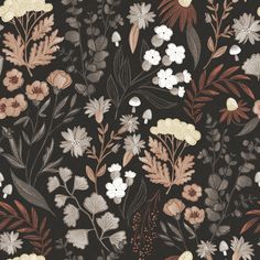 an image of a flower pattern on a black wallpaper with white and brown flowers