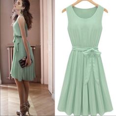 S-2-4, M4-6, L6-8, Xl-8-10 Casual Fitted Sleeveless Chiffon Dress, Green A-line Chiffon Dress For Spring, Green Knee-length Chiffon Dress For Spring, Casual Sleeveless Midi Chiffon Dress, Casual Fitted Green Chiffon Dress, Green Fitted Chiffon Casual Dress, Green Sleeveless Chiffon Dress For Spring, Spring Chiffon Sleeveless Knee-length Dress, Green Chiffon Dress For Day Out